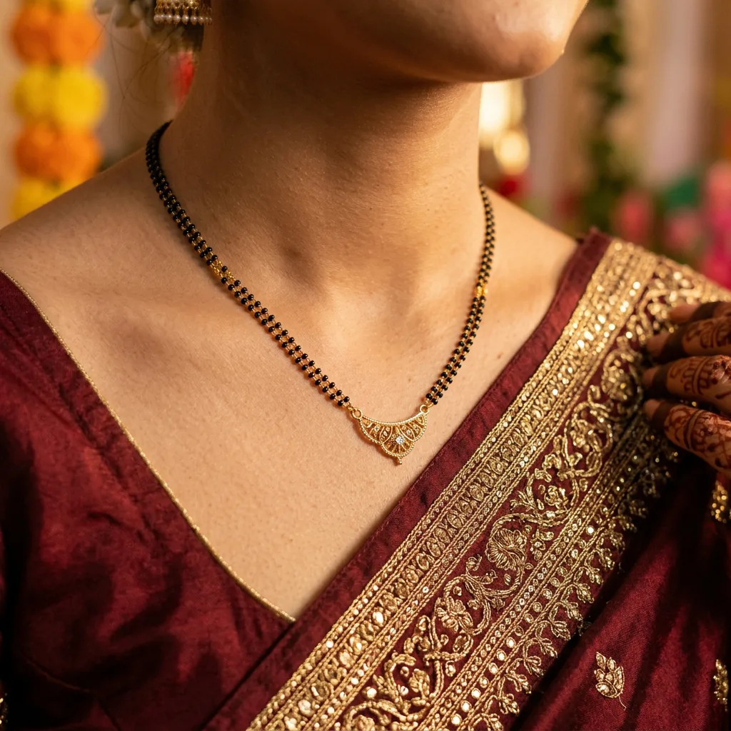 Modern mangalsutra worn with a maroon silk saree