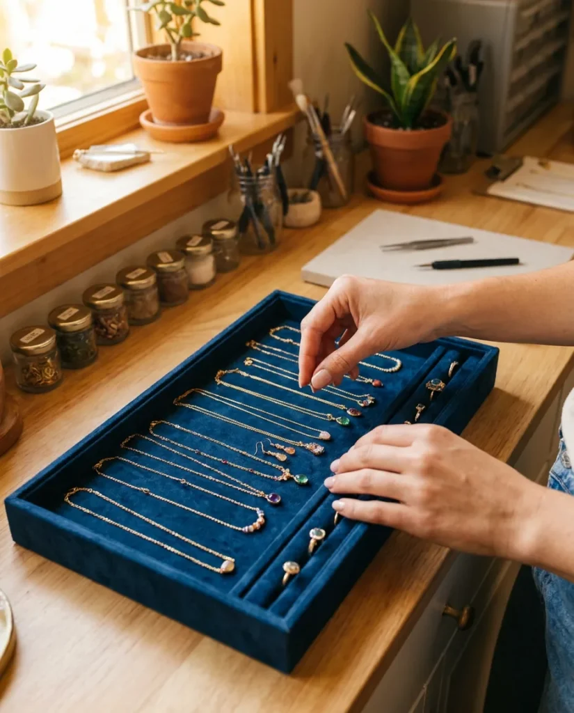 Jewellery being arranged on a velvet tray